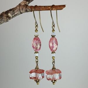 HAND CRAFTED Pink Artisan Glass Vintage Estate Style Brass Crystal Drop Earrings